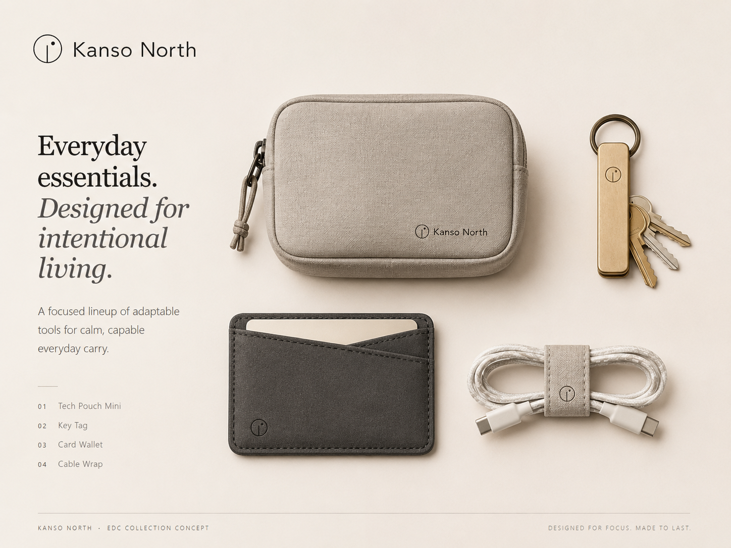 A linen-textured EDC pouch with a brass pen, small notebook, keys, and a cable wrap on a warm off-white surface