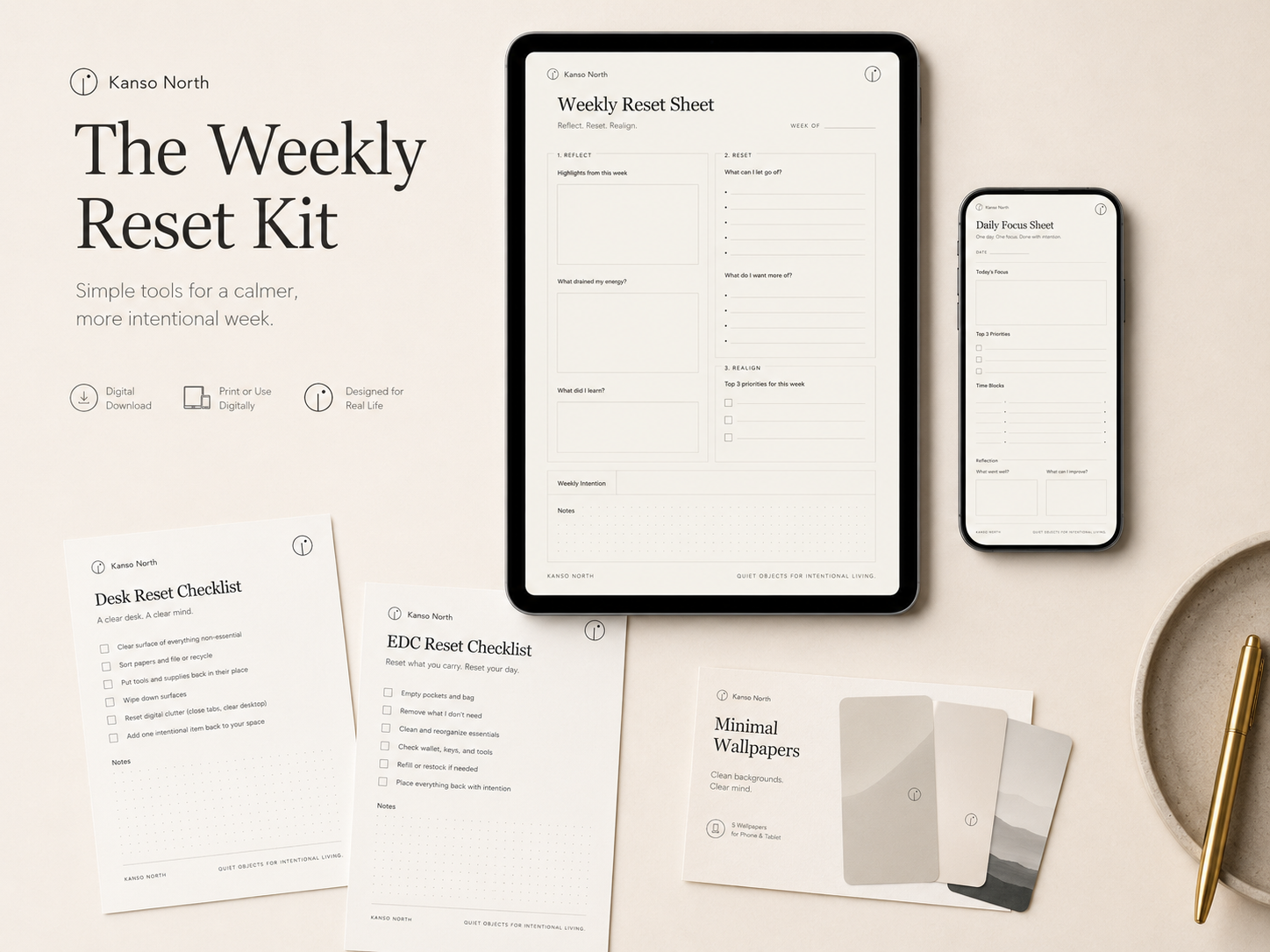 The Weekly Reset Kit shown across tablet, phone, and printed checklist sheets on a warm off-white surface